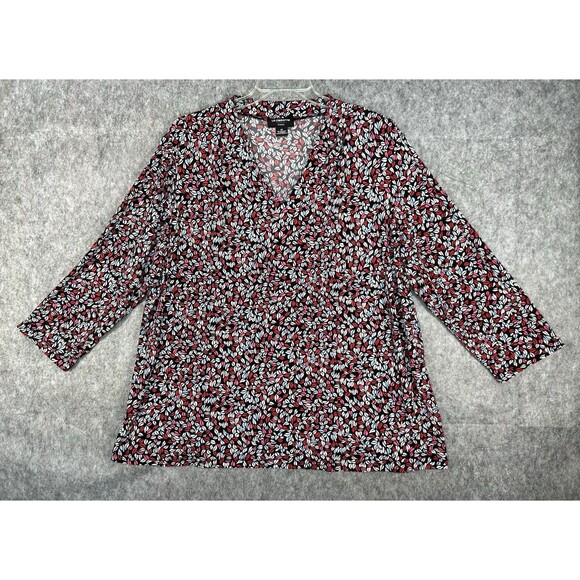 Liz Claiborne Career Blouse Women's 2X Black & Red Floral 3/4 Sleeve Stretch - Picture 1 of 9
